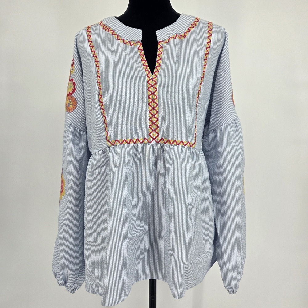 Savanna Jane Embroidered Top Large Floral Striped Shirt Boho Tunic Peasant
